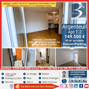 t2 à la vente -   95100  ARGENTEUIL, surface 45 m2 vente t2 - UBI455695319