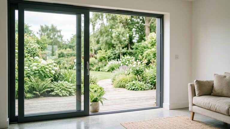 Baie vitrée aluminium et PVC coulissante donnant sur un jardin