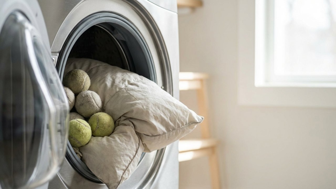 Balles de tennis dans le tambour pour laver un oreiller en plume