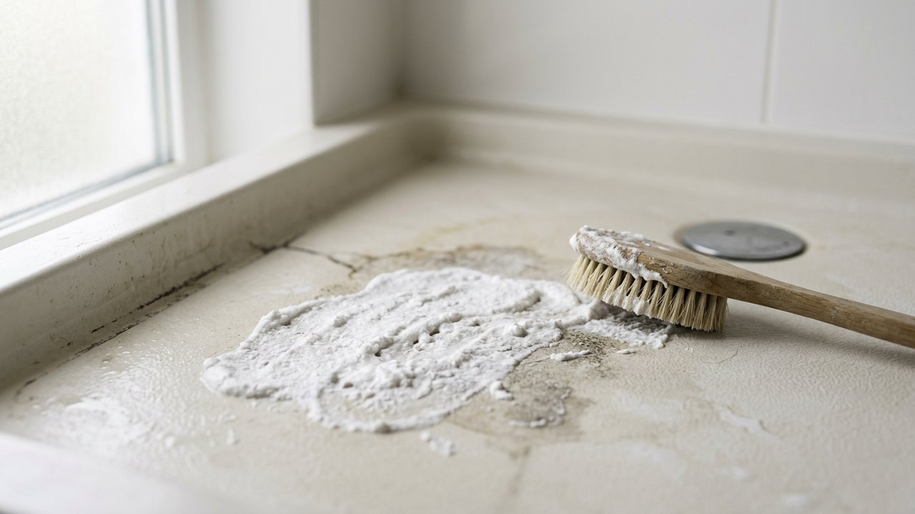Application de pâte de bicarbonate sur une tache du bac de douche
