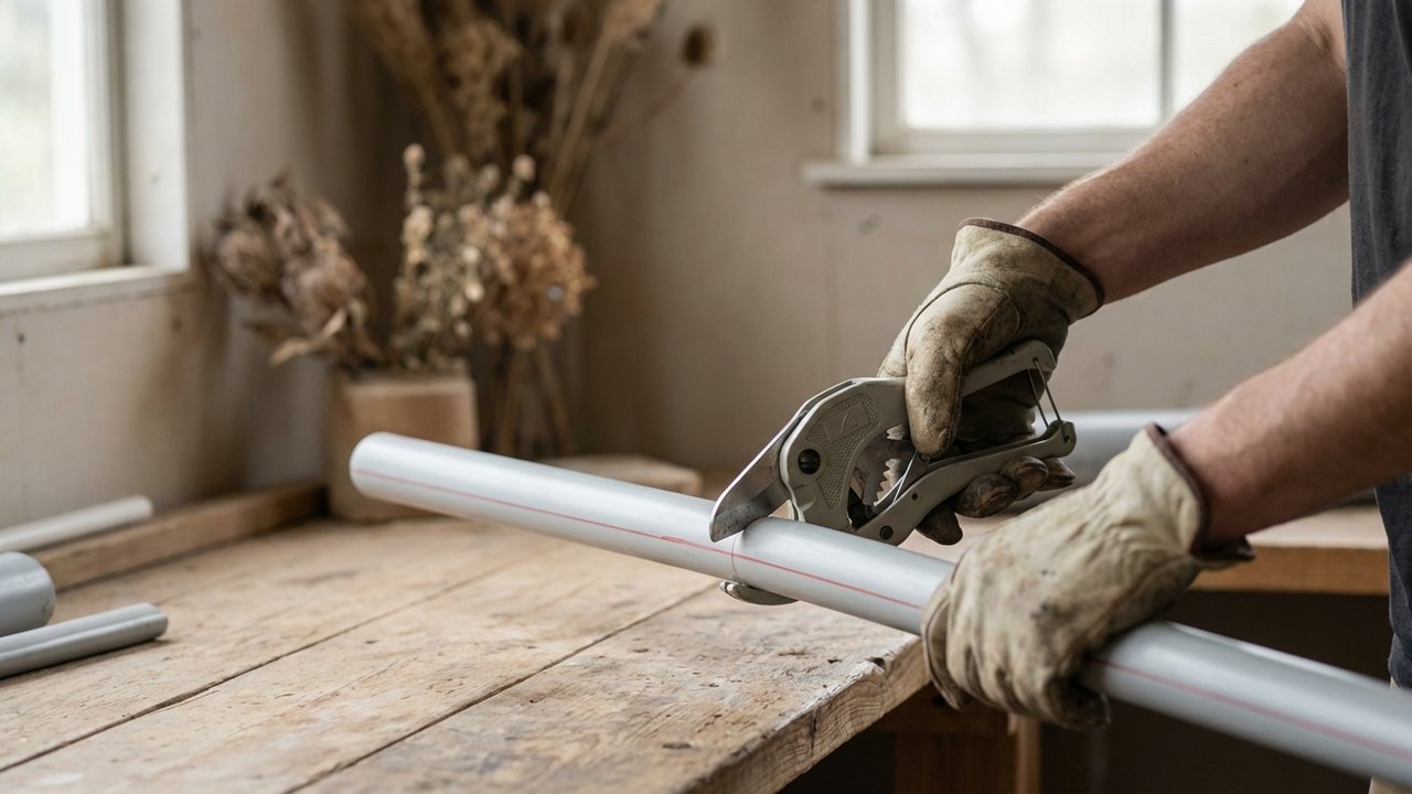 Utilisation d'un coupe-tube à cisailles sur un tuyau PVC marqué