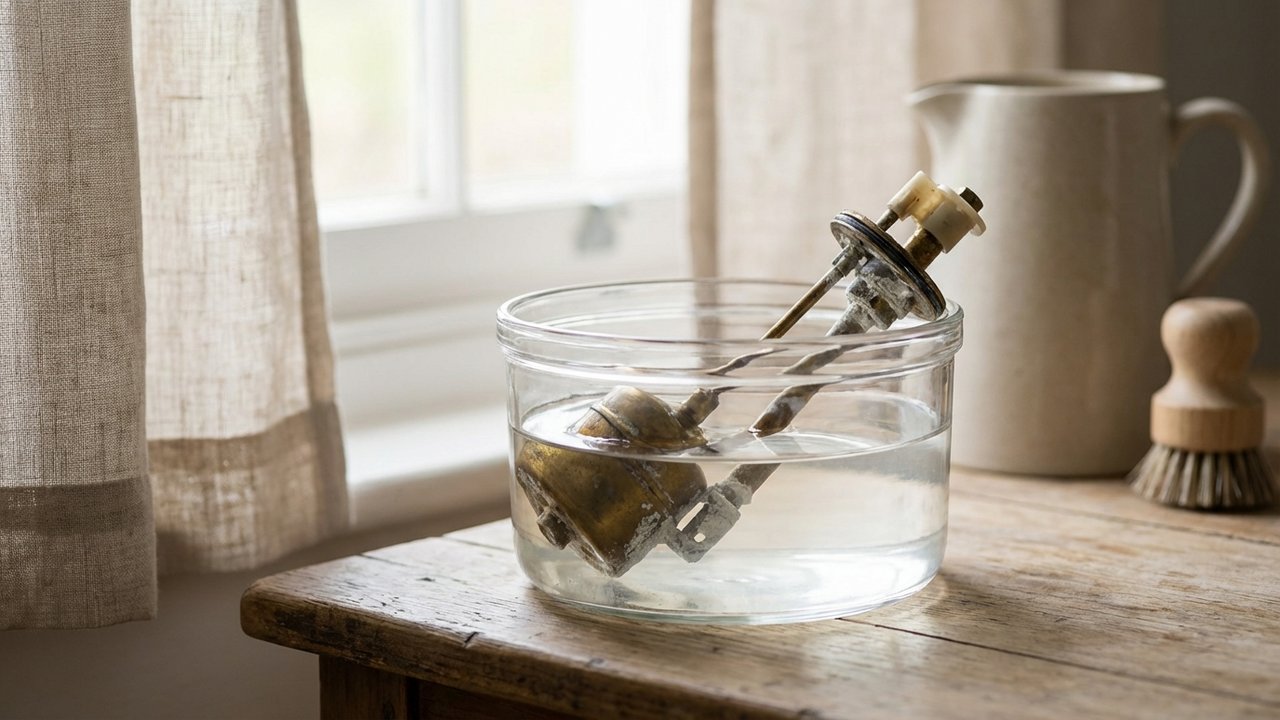 Détartrage du flotteur de chasse d'eau dans du vinaigre blanc