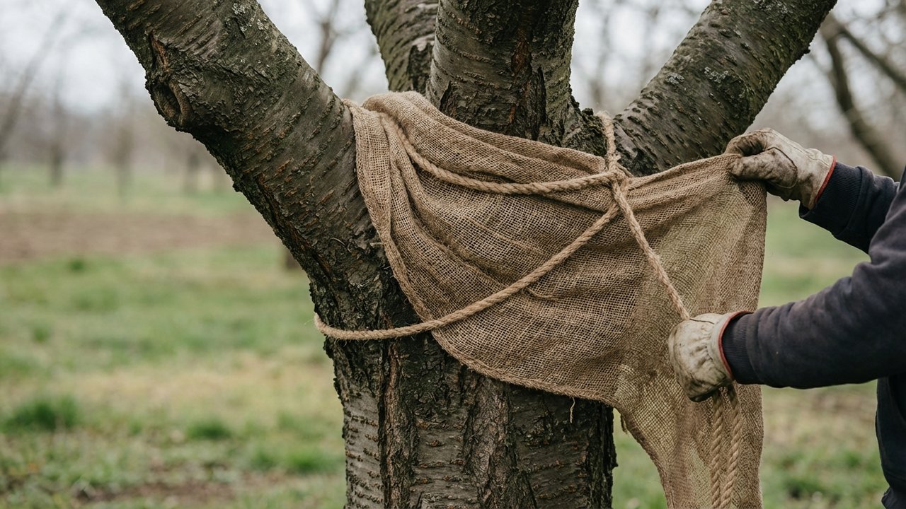 Fixation du filet autour du tronc du cerisier avec une corde