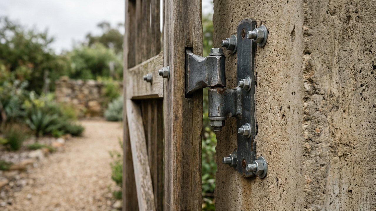 Gond installé sur un pilier de portail avec tamis expansif