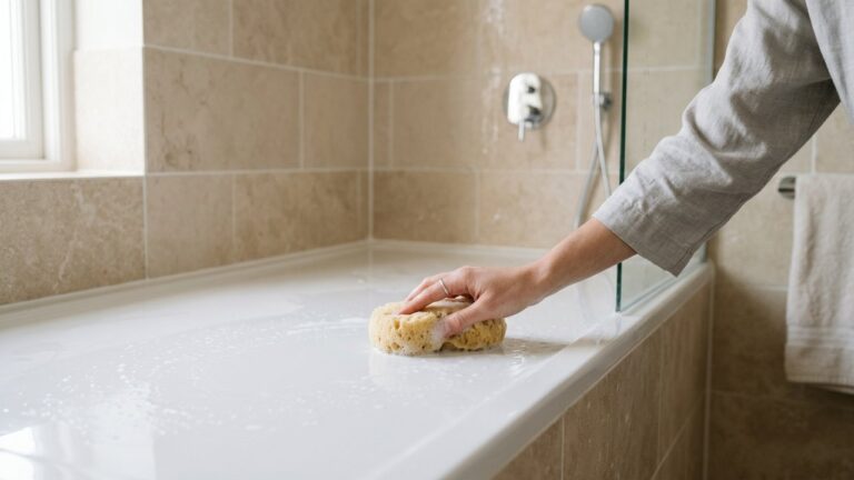 Nettoyage d'un bac de douche en résine avec une éponge douce