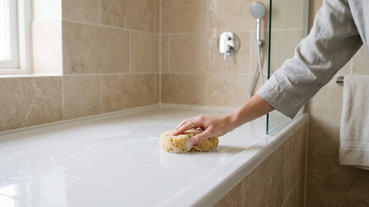 Nettoyage d'un bac de douche en résine avec une éponge douce