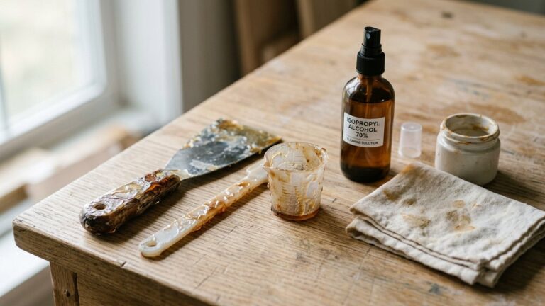 Outils couverts de résine époxy durcie prêts à être nettoyés