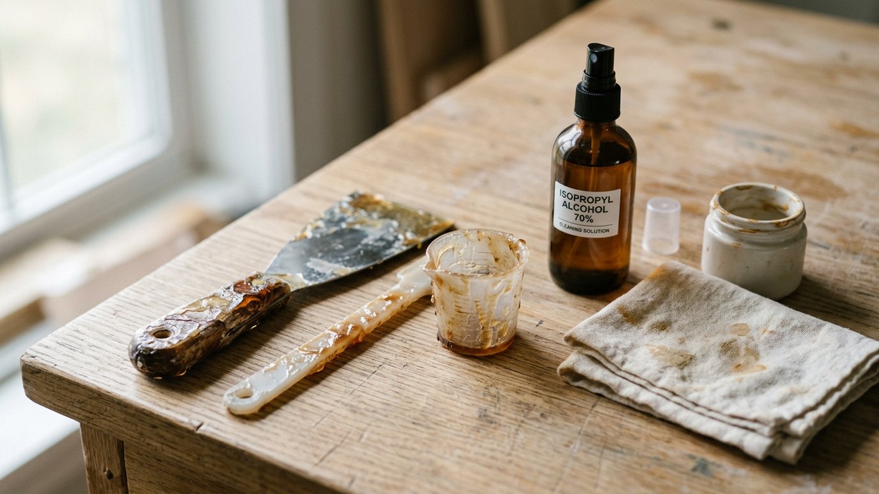 Outils couverts de résine époxy durcie prêts à être nettoyés