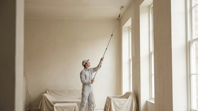 Peinture d'un plafond au rouleau avec une perche télescopique