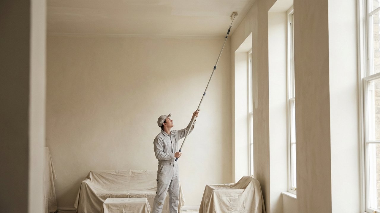 Peinture d'un plafond au rouleau avec une perche télescopique