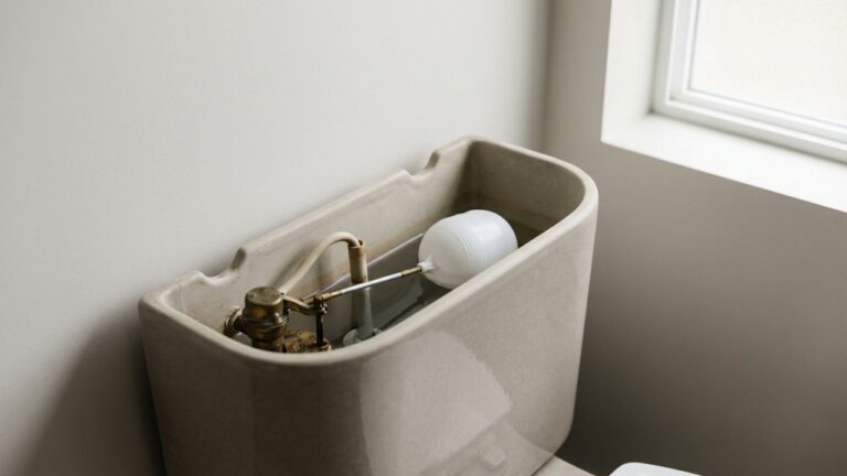 Réservoir de chasse d'eau ouvert montrant le mécanisme de flotteur