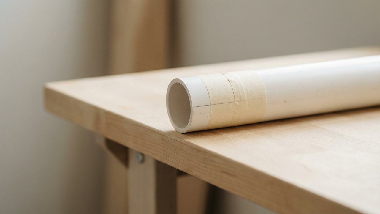 Tuyau PVC entouré d'un ruban adhésif pour guider la coupe droite