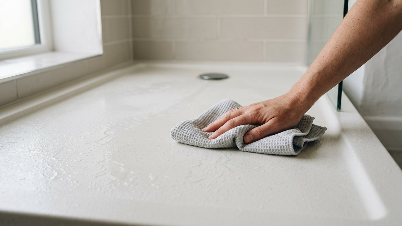 Séchage d'un bac de douche en résine avec un chiffon microfibre