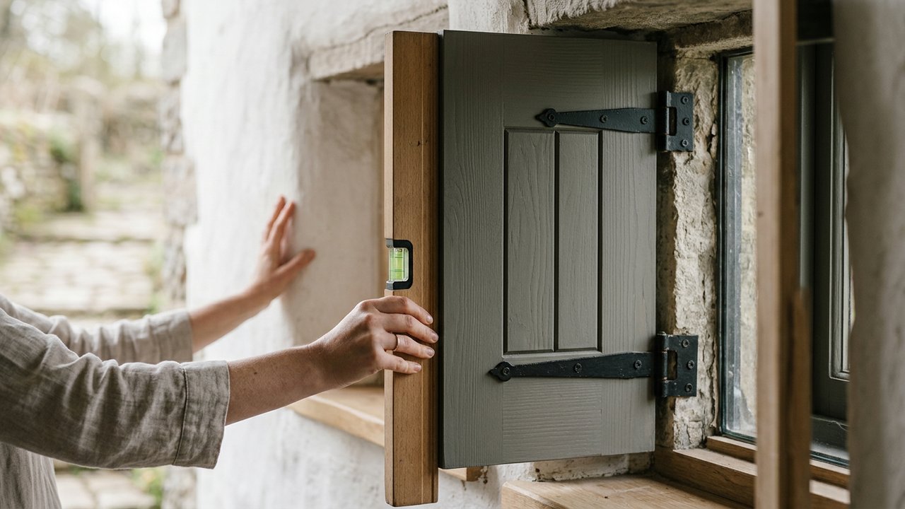 Vérification de l'aplomb d'un volet avec gonds installés