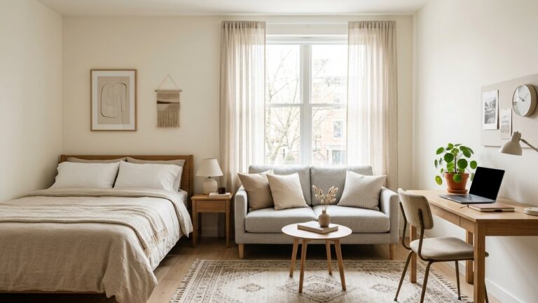 Studio aménagé avec zones délimitées et mobilier multifonction