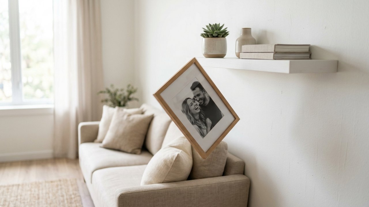 Cadre photo qui tombe d'une étagère dans une maison