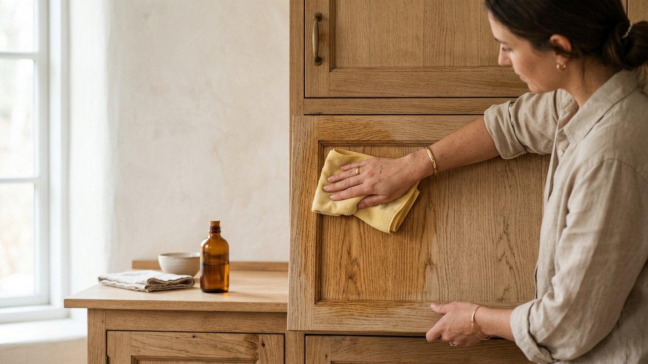 Application d'huile ou de cire pour faire briller un meuble de cuisine en bois
