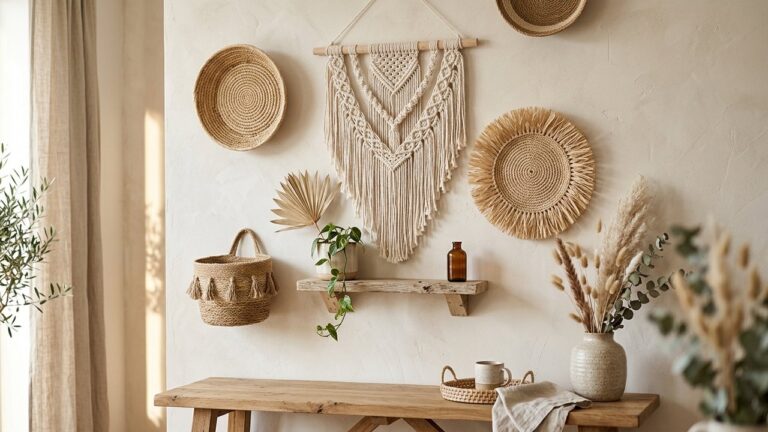 Décoration murale bohème chic avec tenture macramé et paniers tressés