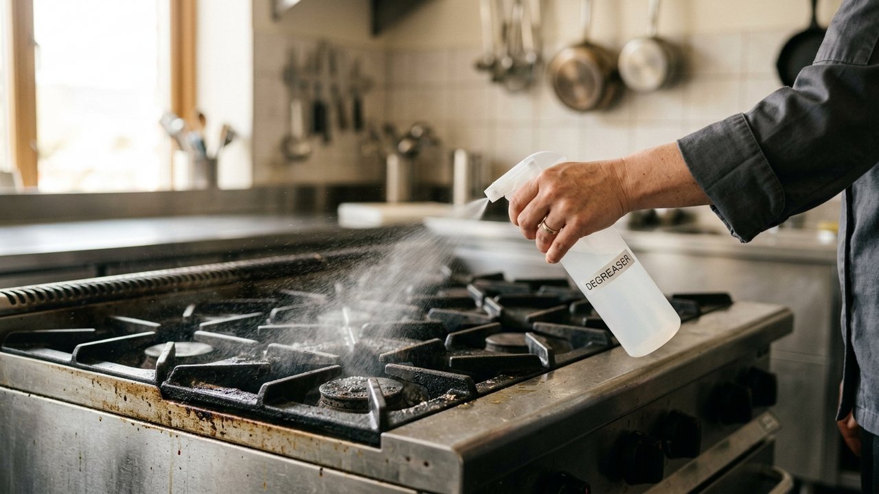 Application d'un dégraissant puissant sur une cuisinière professionnelle