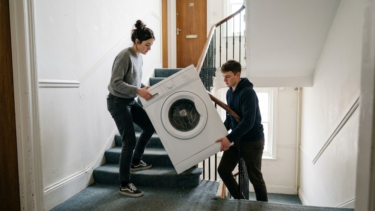 Déménagement d'un lave-linge par deux personnes