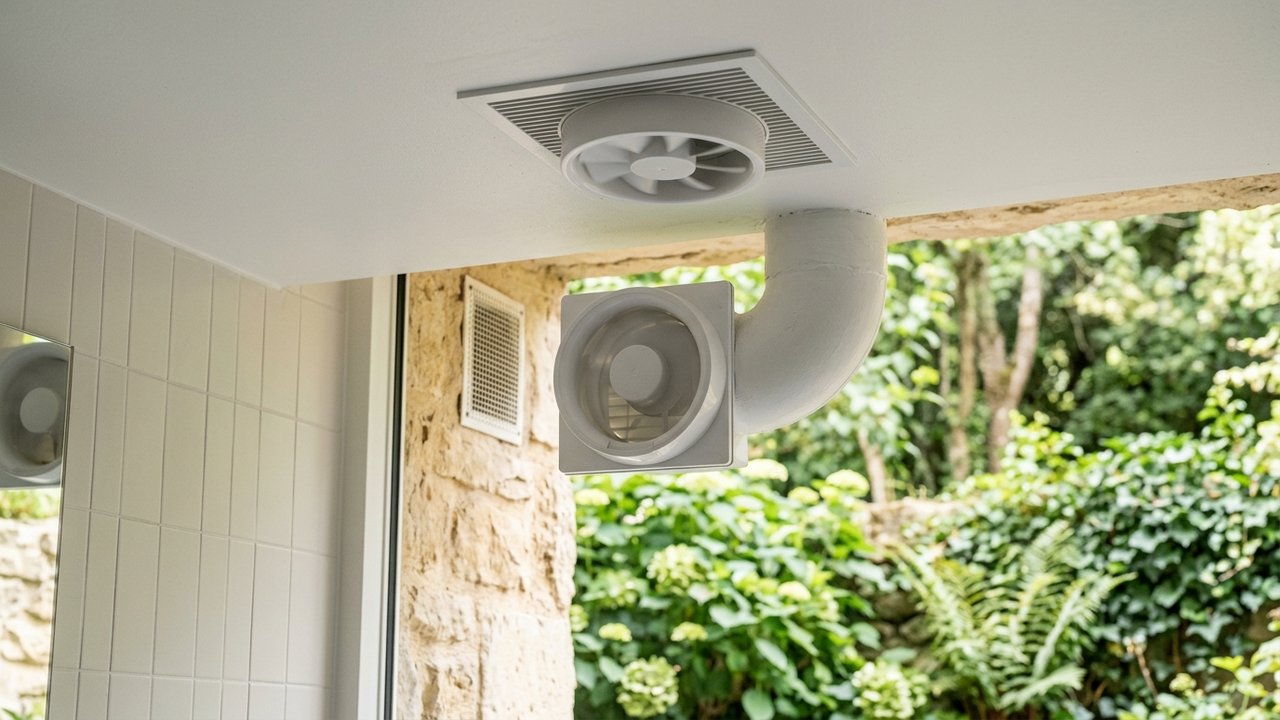 Extracteur d'air installé au plafond d'une salle de bain sans fenêtre