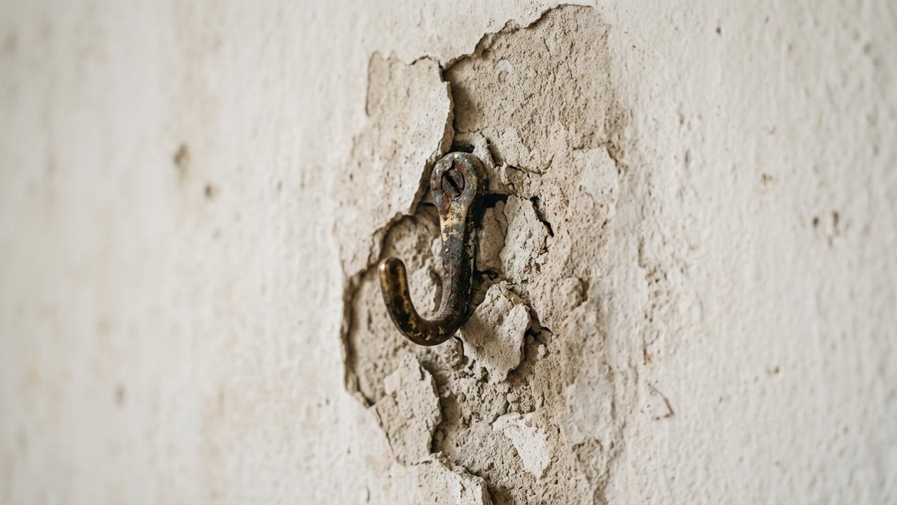 Détail d'une fixation murale usée et d'un crochet détérioré