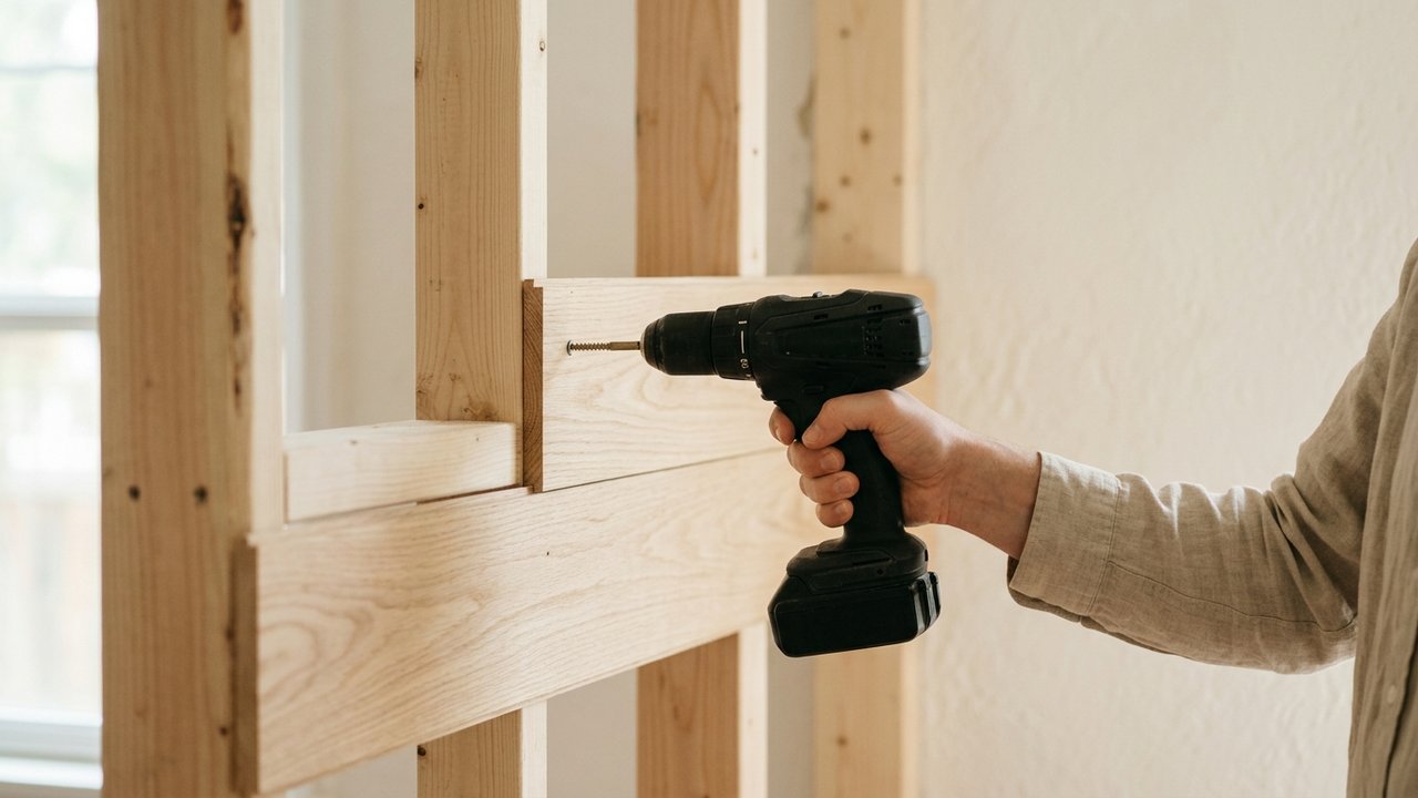 Vissage des planches de volige sur la structure murale