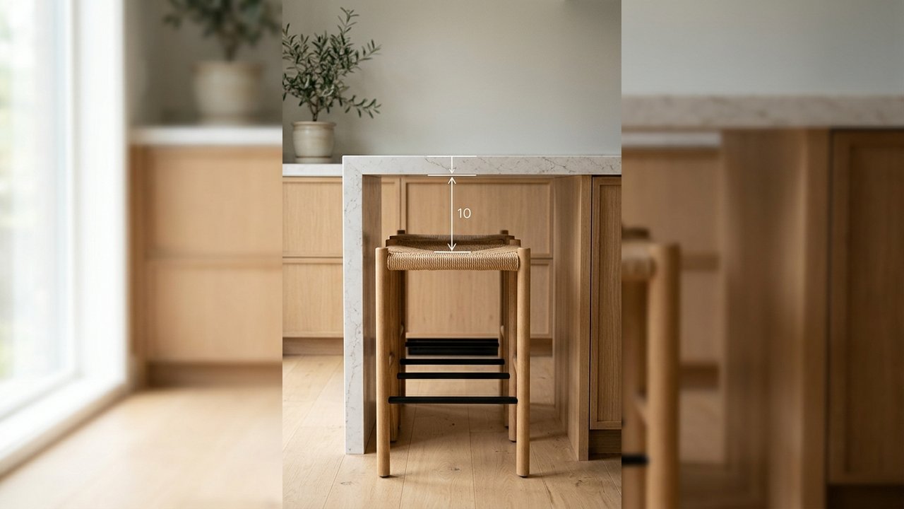 Schéma de mesure montrant l'écart de 25 à 30 cm entre l'assise du tabouret et le plateau du bar