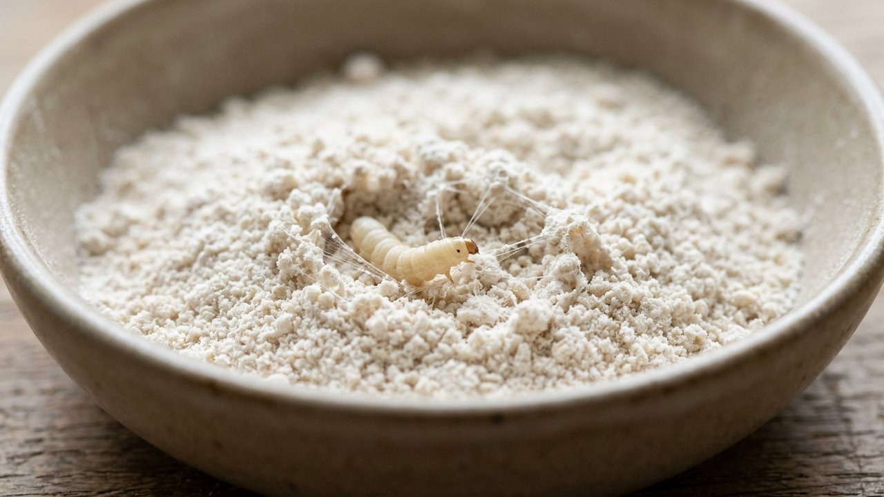 Larve de mite alimentaire blanche dans de la farine avec fils de soie