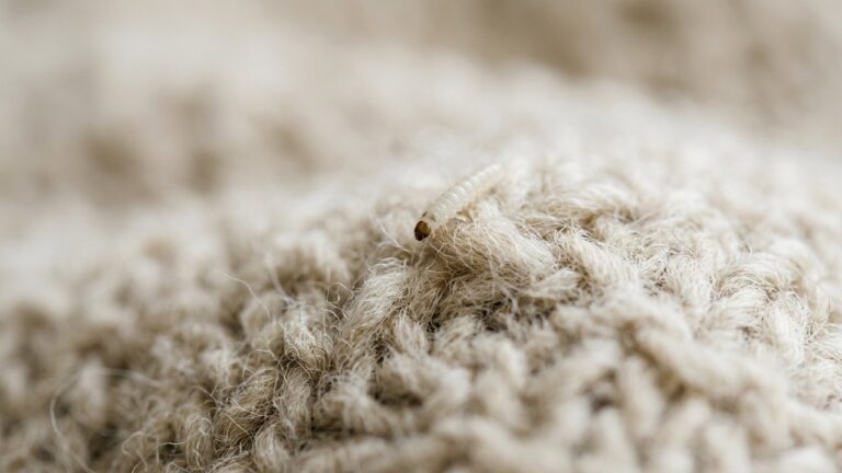Larve de mite textile sur tissu en laine avec fourreau caractéristique