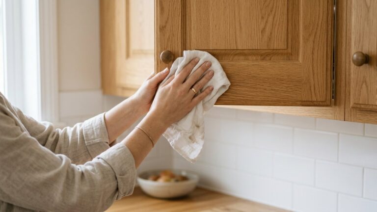 Nettoyage d'un meuble de cuisine en bois avec un chiffon doux