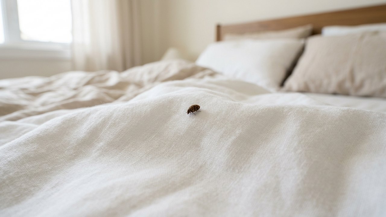 Petit insecte marron sur un drap blanc dans une chambre