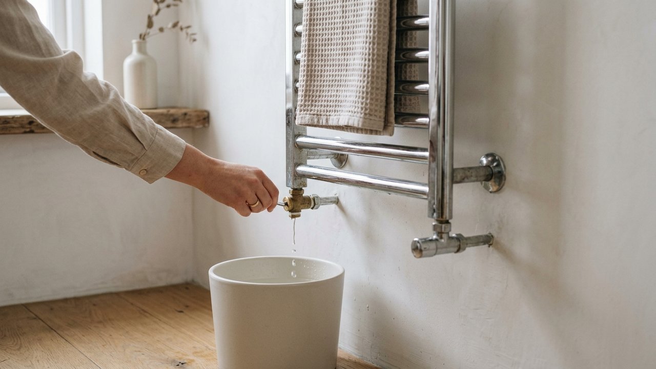 Purge d'un sèche-serviette avec écoulement d'eau dans un récipient