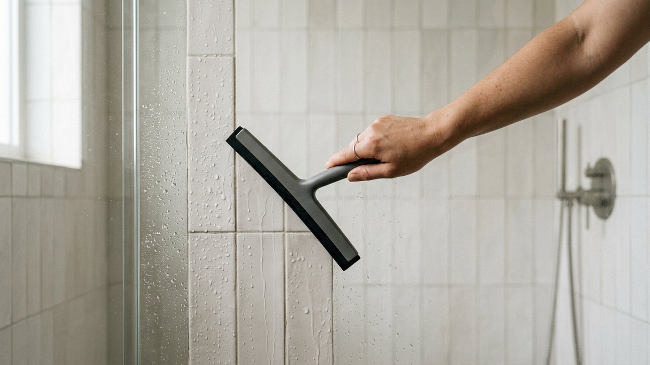 Essuyage des parois de douche avec une raclette pour réduire l'humidité