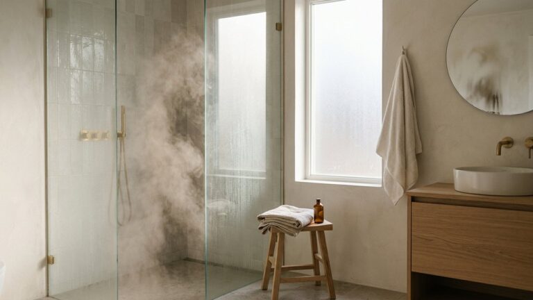 Salle de bain sans VMC avec condensation et humidité