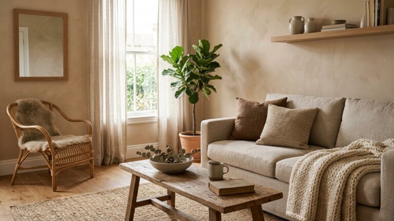 Salon marron et beige avec canapé cognac et accessoires en matières naturelles