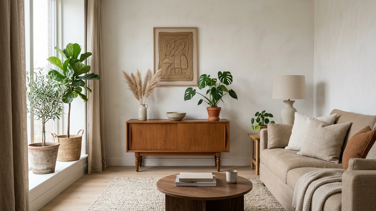 Décoration salon marron beige avec plantes, coussins et matériaux naturels