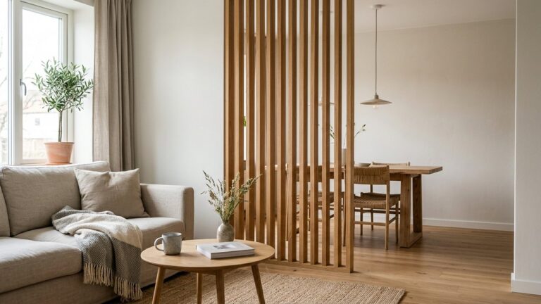 Séparation de pièce en bois délimitant deux espaces