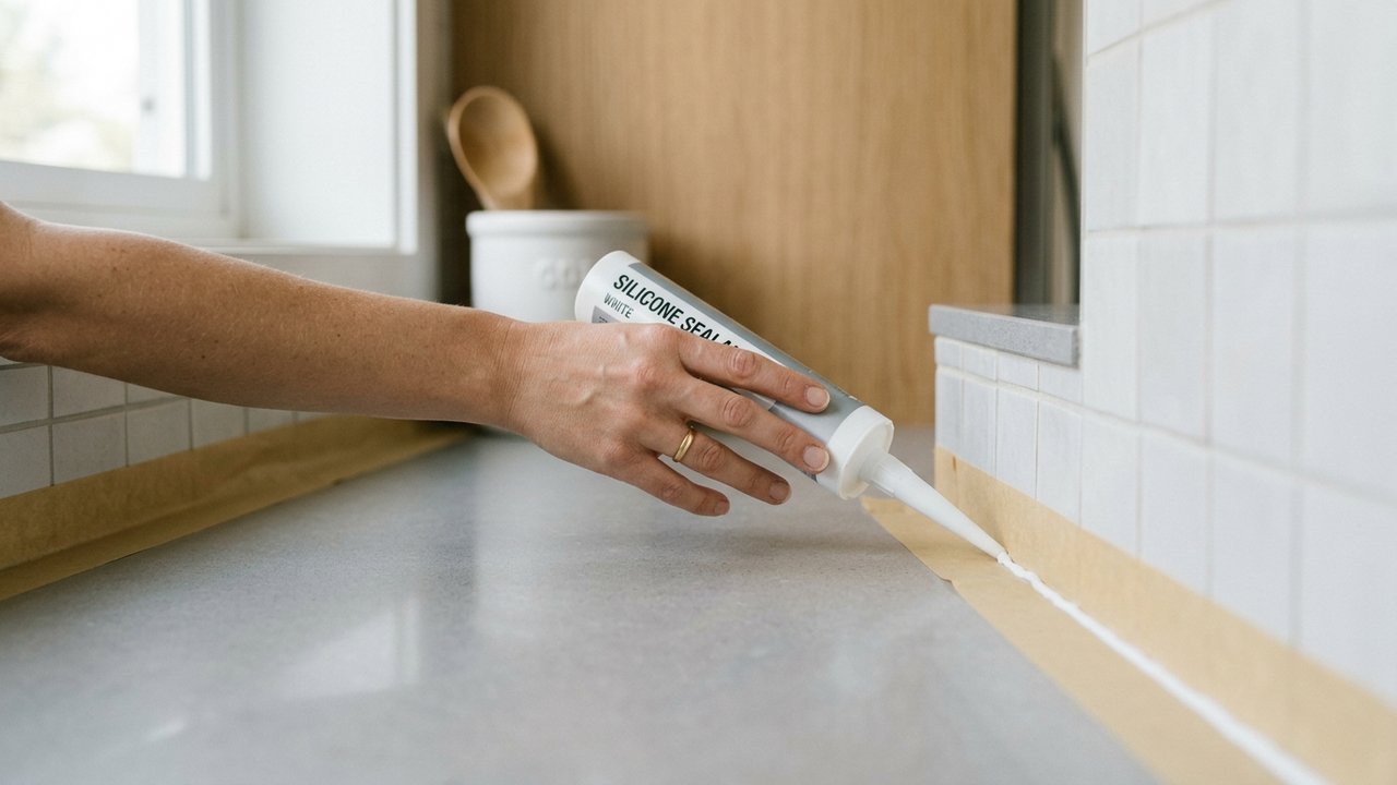 Application de silicone sur la jonction d'un plan de travail avec ruban de masquage