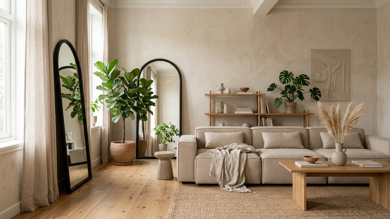 Coin salon de studio avec grand miroir et plantes vertes