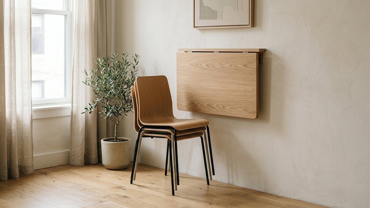 Table pliante murale et chaises empilables pour petit studio