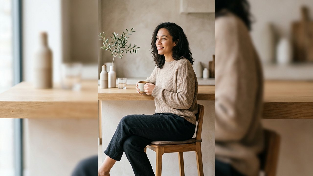 Personne assise sur un tabouret de bar à hauteur d'assise appropriée pour un comptoir de 90 cm