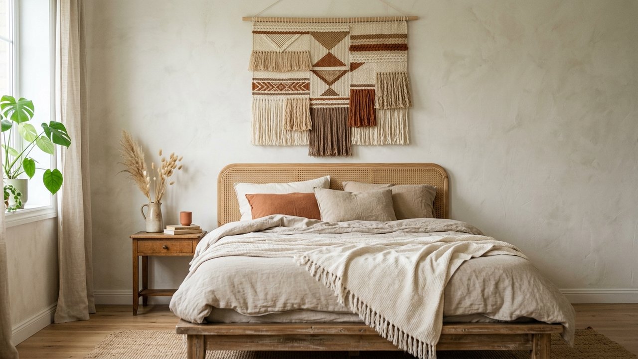Tête de lit bohème avec tenture textile et palettes de couleurs terreuses