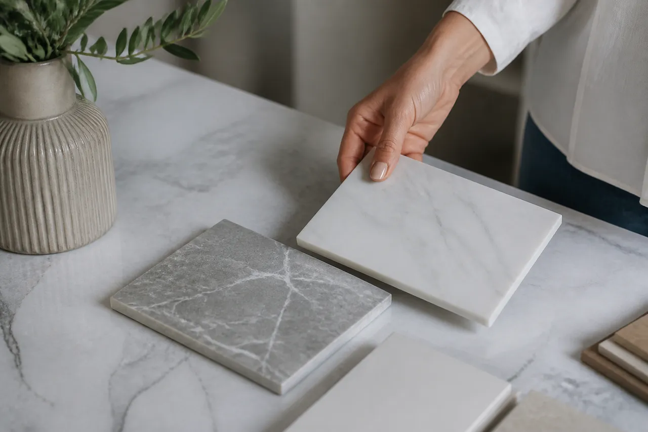 Comparaison de carrelages effet marbre blanc et gris