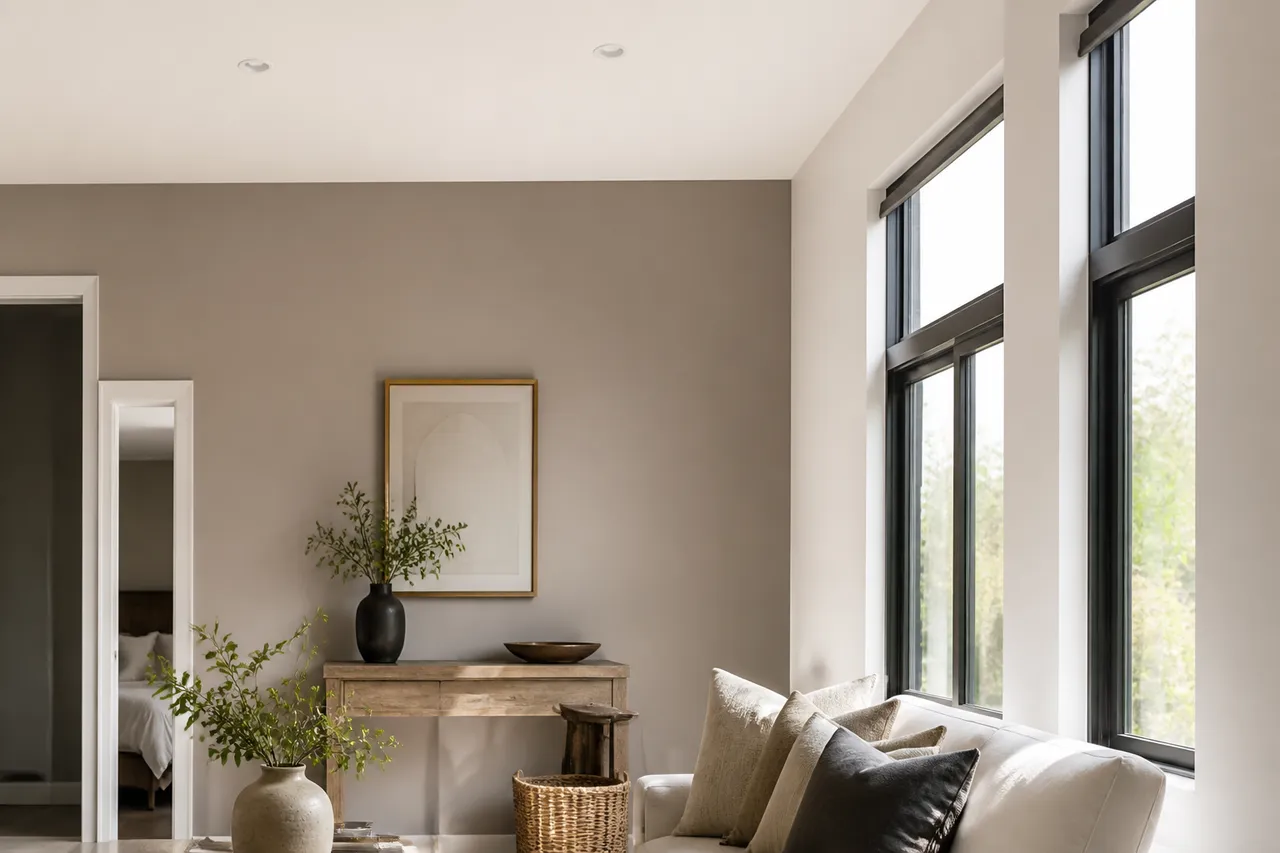 Mur d'accent taupe dans un salon lumineux