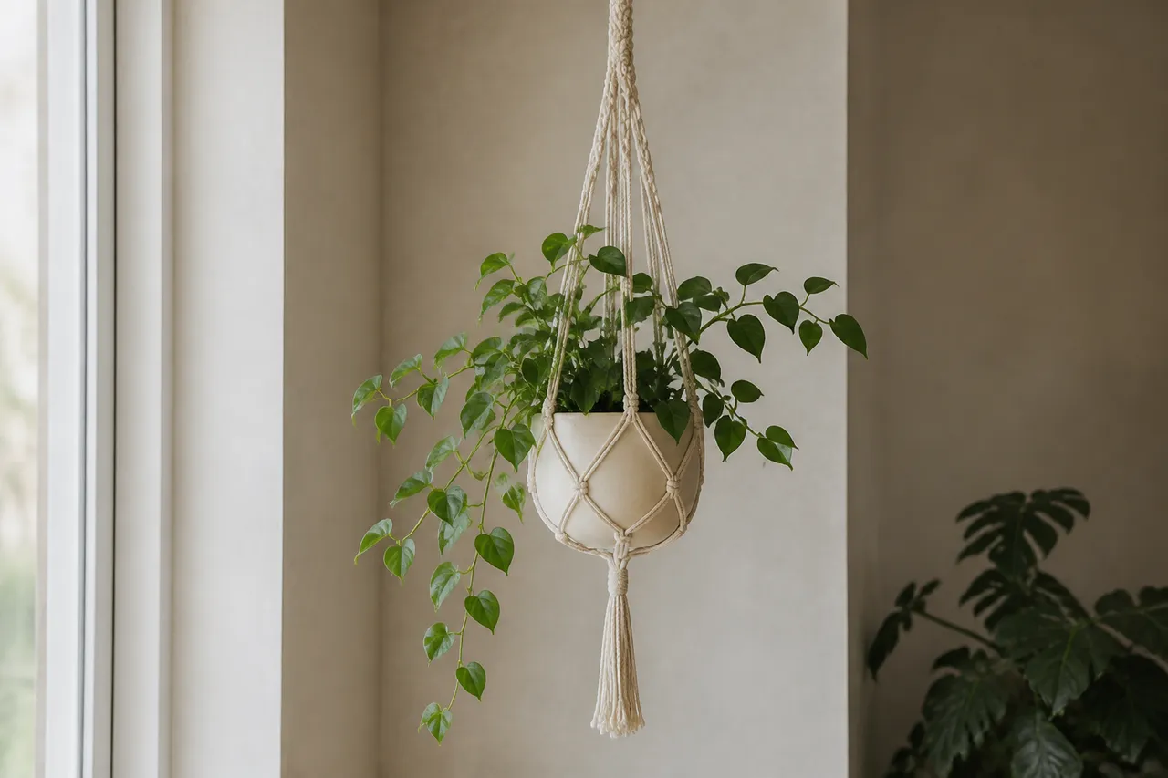 Plante suspendue en macramé pour un mur bohème