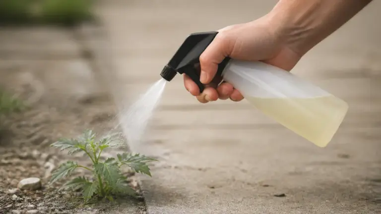 Désherbant vinaigre sel liquide vaisselle pulvérisé sur des mauvaises herbes