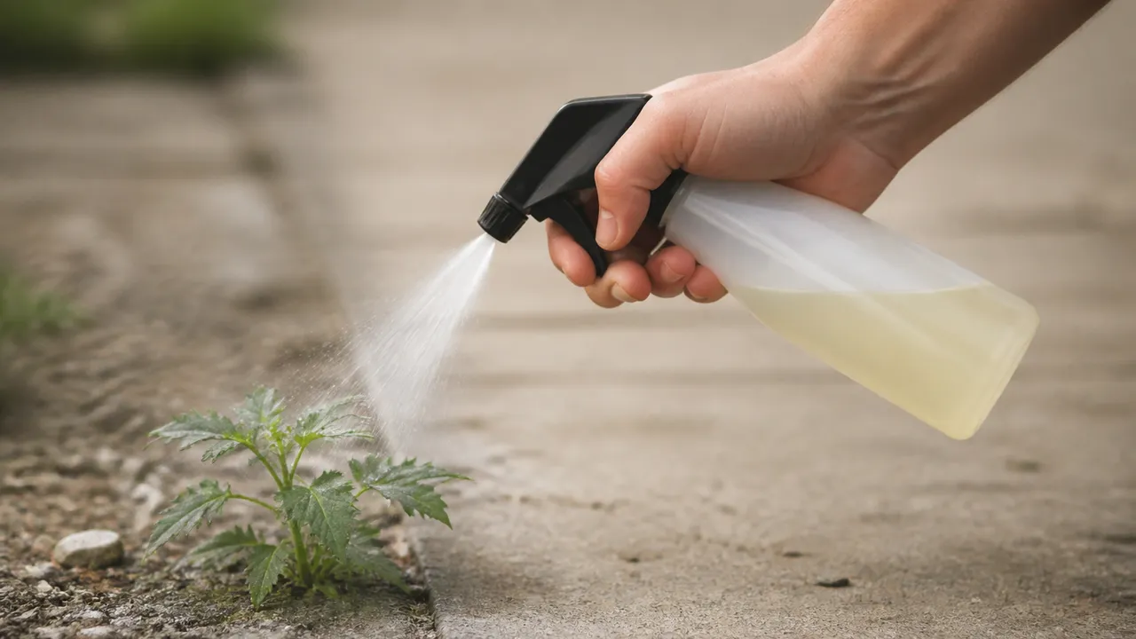 Désherbant vinaigre sel liquide vaisselle pulvérisé sur des mauvaises herbes