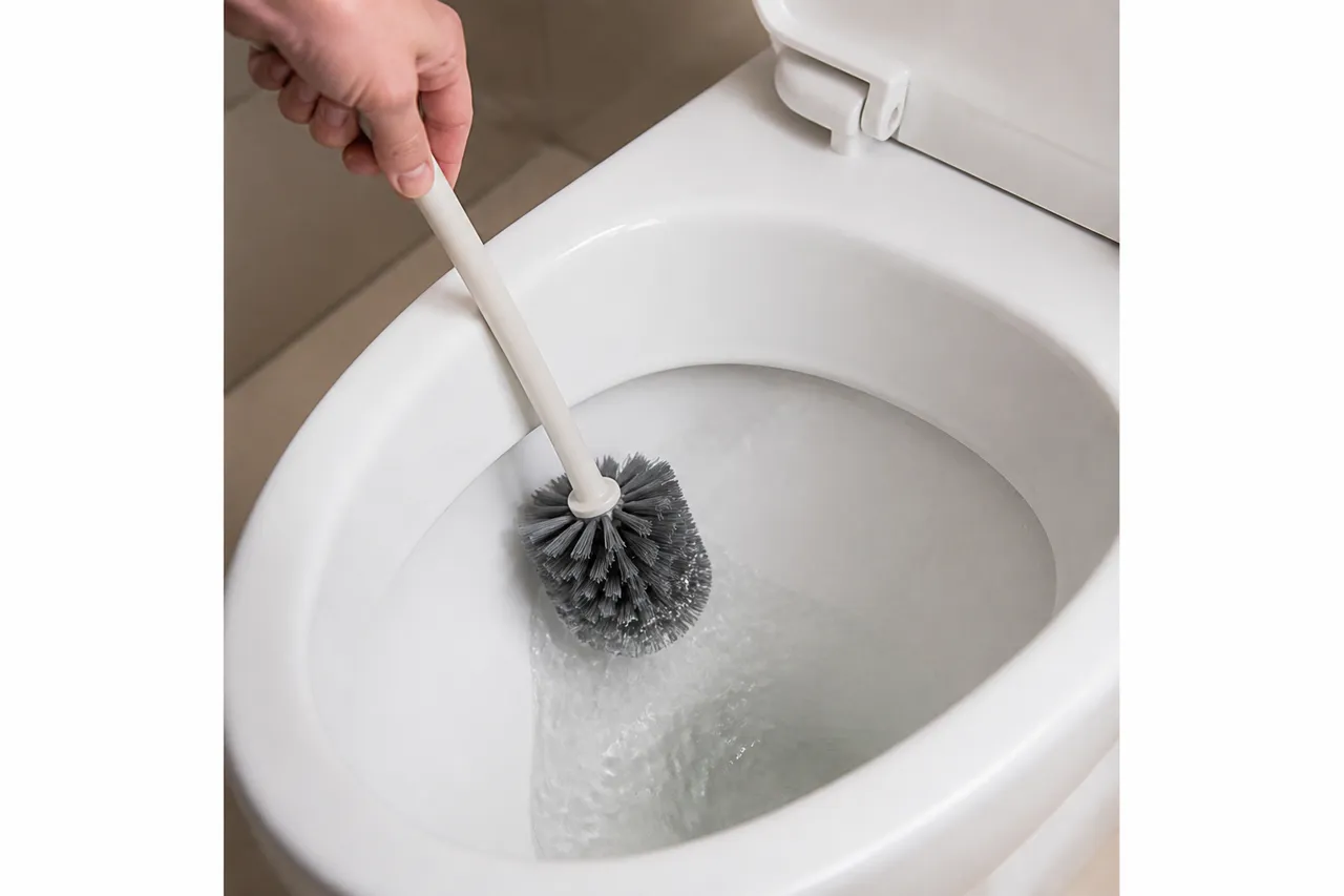 Rinçage de la brosse des WC pour enlever les résidus
