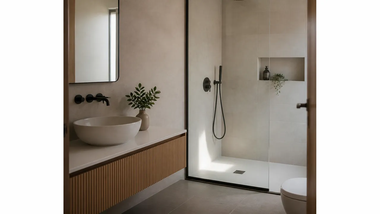 Salle de bain optimisée avec vasque suspendue et douche
